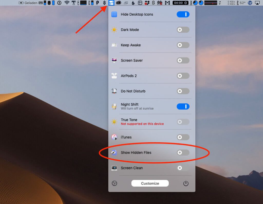 Mit der App One Switch läßt sich leicht über die Menüleiste entscheiden, ob versteckte Dateien sichtbar oder verborgen sein sollen.