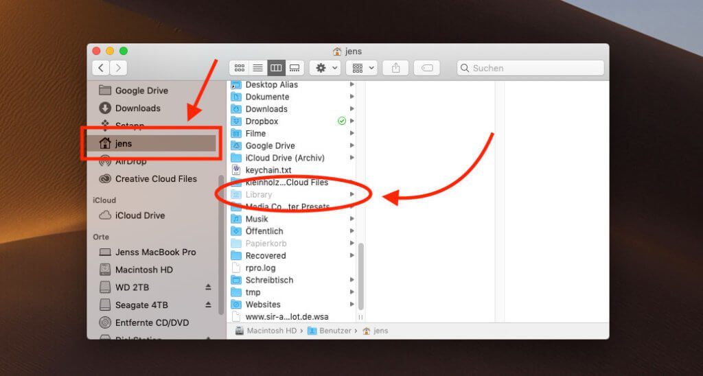 Wenn man versteckte Dateien und Ordner am Mac einblendet, wird auch der Library-Ordner im Privatverzeichnis des Benutzers sichtbar – aber ausgegraut, was jedoch keine Einschränkung mit sich bringt.