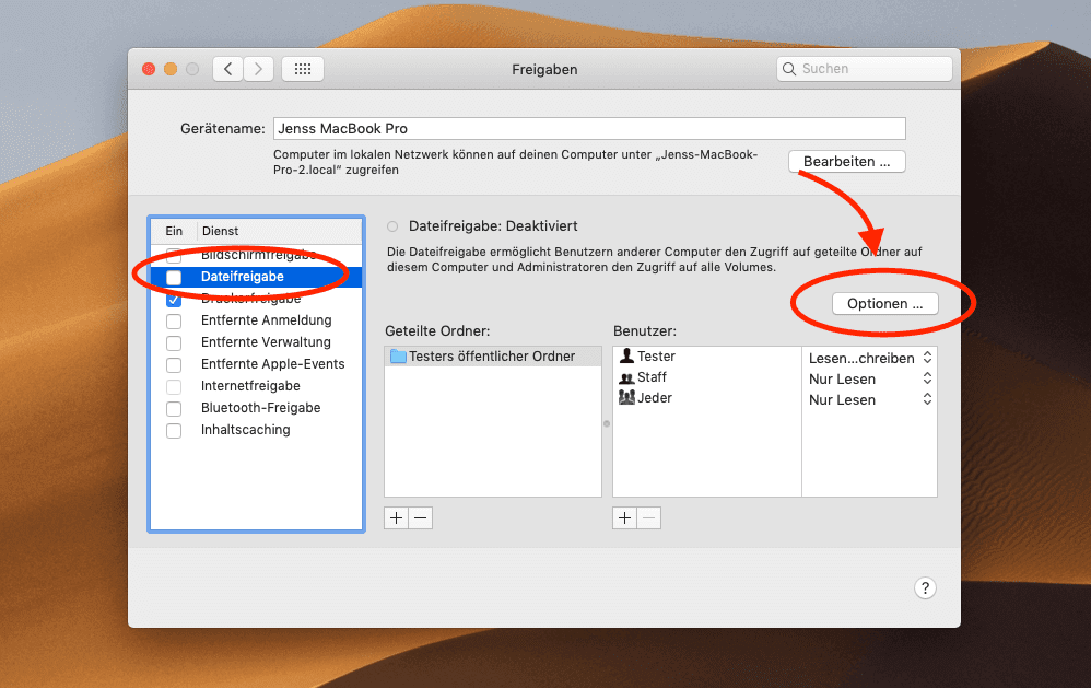 Unter Systemeinstellungen > Freigabe > Dateifreigabe findet man den Button "Optionen" über den man die erweiterten Einstellungen zur Datei- und Ordnerfreigabe wählen kann.