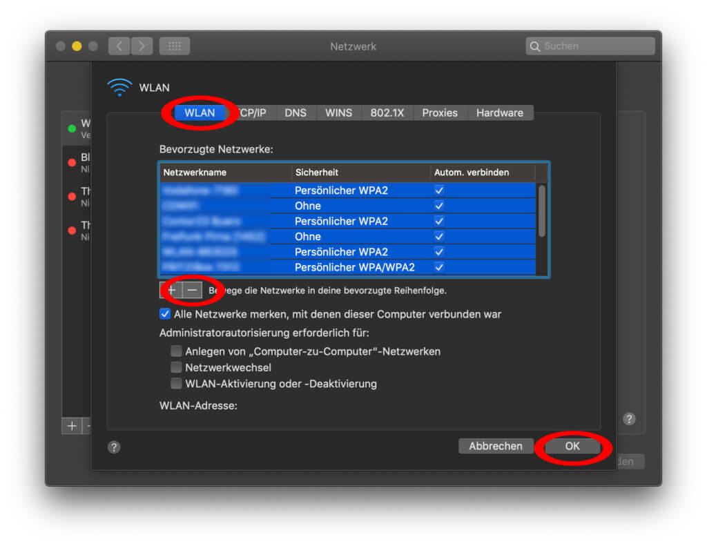 Das Passwort für das aktuelle WLAN-Netzwerk solltet ihr euch notieren, da ihr nun alle WiFi-Verbindungsinformationen aus dem macOS-System löscht.