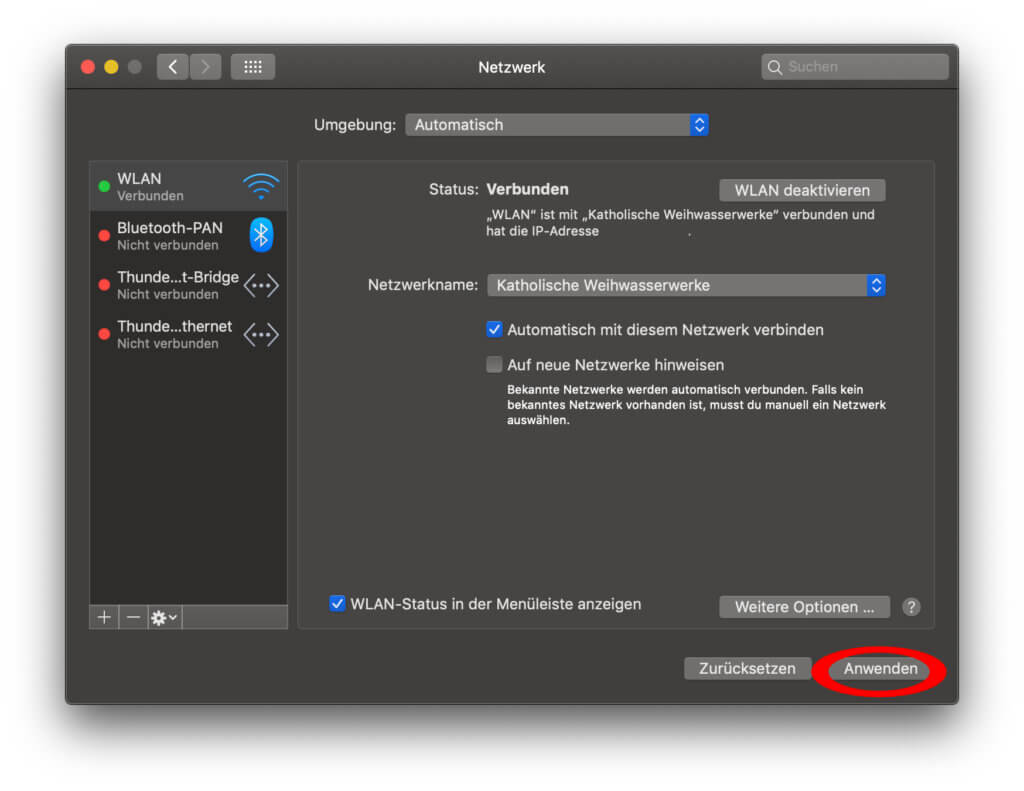 Jetzt müsst ihr die vorgenommenen Einstellungen nur noch anwenden, euch wieder im kabellosen Internet anmelden und schon sollte der Mac nach dem Ruhezustand eine WLAN-Verbindung aufbauen bzw. beibehalten können.