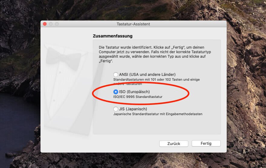 Verbindet man die InLine-Tastatur mit dem Mac, ist dieser etwas am Rätseln, welchen Tastaturtyp er vor sich hat. Die manuelle Auswahl sollte man aus dem Grund auf "europäisch" stellen.