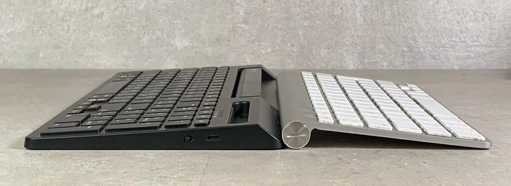 Die Neigung der beiden Tastaturen ist meines Erachtens identisch, so dass man sich in der Hinsicht gleich heimisch fühlt.