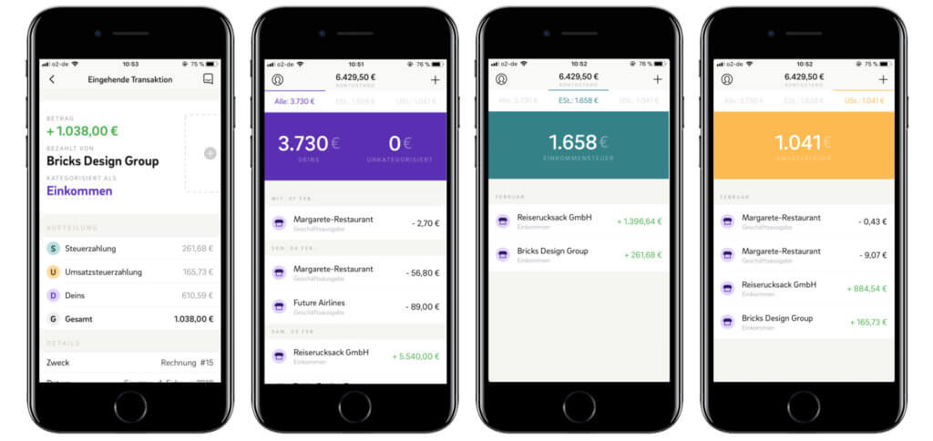Per Kontist-App lassen sich alle Konten einsehen, die Steuerausgaben im Blick behalten und Belege für weitere Ausgaben einspeisen. So kann alles gegengerechnet und der Gewinn in Echtzeit ermittelt werden.