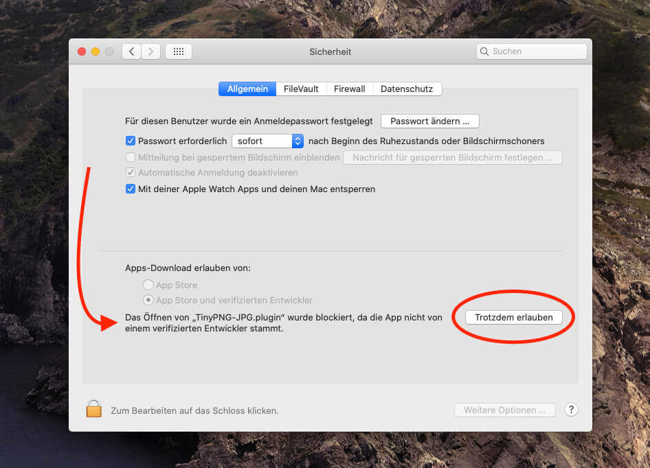 In den Systemeinstellungen > Sicherheit findet man im Reiter Allgemein die Möglichkeit die Ausführung von TinyPNG-JPG trotzdem zu erlauben.