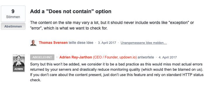 Leider wird updown keine "does not contain" Stringprüfung erhalten. Im Supportbeitrag hat es das Team erklärt.