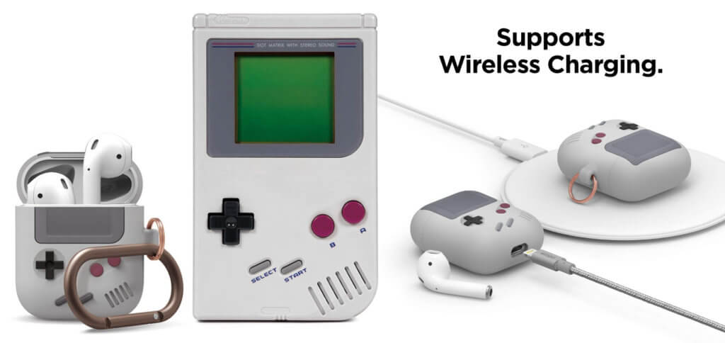 The AirPods charging case cover in Gameboy design is made of silicone, can be ordered in gray or black, and offers not only protection against scratches and bumps, but also a transport or attachment aid. Charging the battery is not a