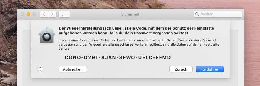 Hat man das FileVault-Kennwort vergessen, hilft in der Regel nur der Wiederherstellungskey – oder das iCloud Konto, wenn man es als Notfallhilfe aktiviert hat.
