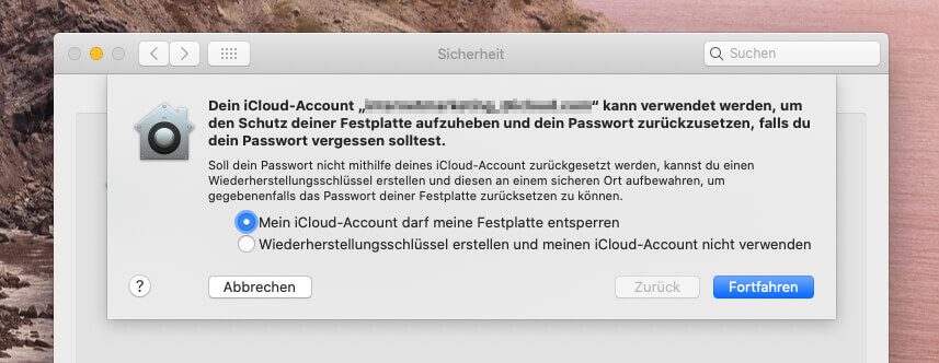 Komfortabler als der Wiederherstellungsschlüssel ist es, das iCloud-Konto als Notfall-Option zu verwenden.