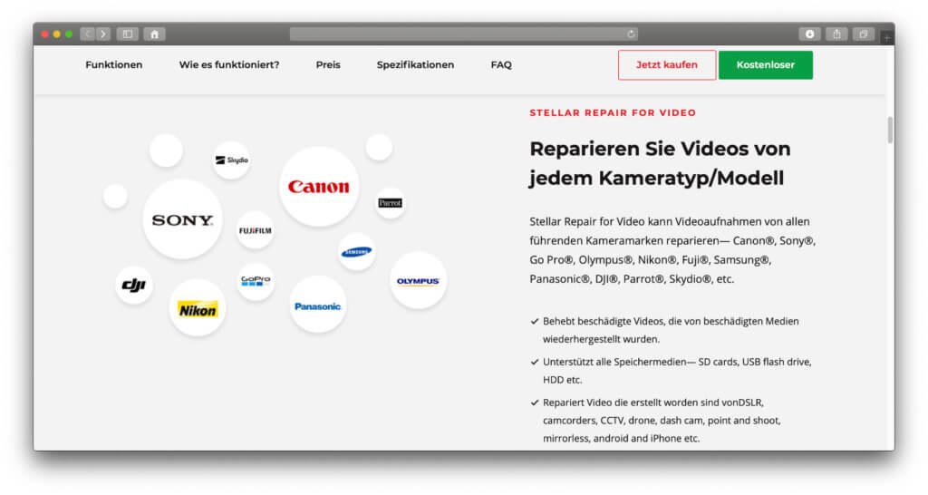 Die Video-Reparatur beschränkt sich nicht auf Daten einer Mac- oder PC-Festplatte. Auch Kameras verschiedener Hersteller können angeschlossen, gescannt und ihre Daten einer Reparatur unterzogen werden.