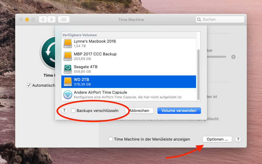 Unter den "Optionen" findet man bei Time Machine die Möglichkeit, das Backup zu verschlüsseln.