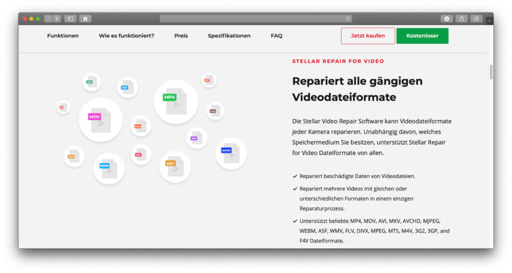 Beschädigte Videos reparieren geht in jedem gängigen Format – neben MP4 sind auch MOV, AVI, DIVX und MPEG dabei.