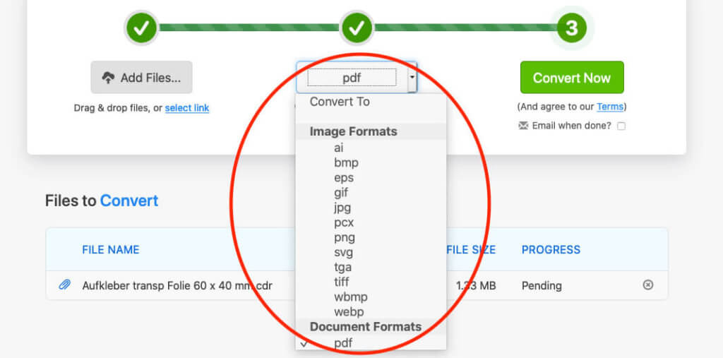 Mit dem Online-Service Zamzar lassen sich CDR-Dateien unter anderem in praktische Formate wie PDF, EPS oder AI konvertieren.