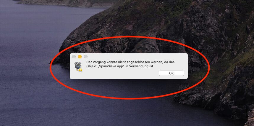 Dies ist die typische Fehlermeldung am Mac, wenn man versucht, die Programm-Datei eines laufenden Programms zu ersetzen.