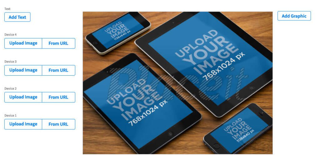 Mockups mit meheren Geräten findet man nur auf Placeit.net. Hier ein paar iPads und iPhones auf einem Holztisch.