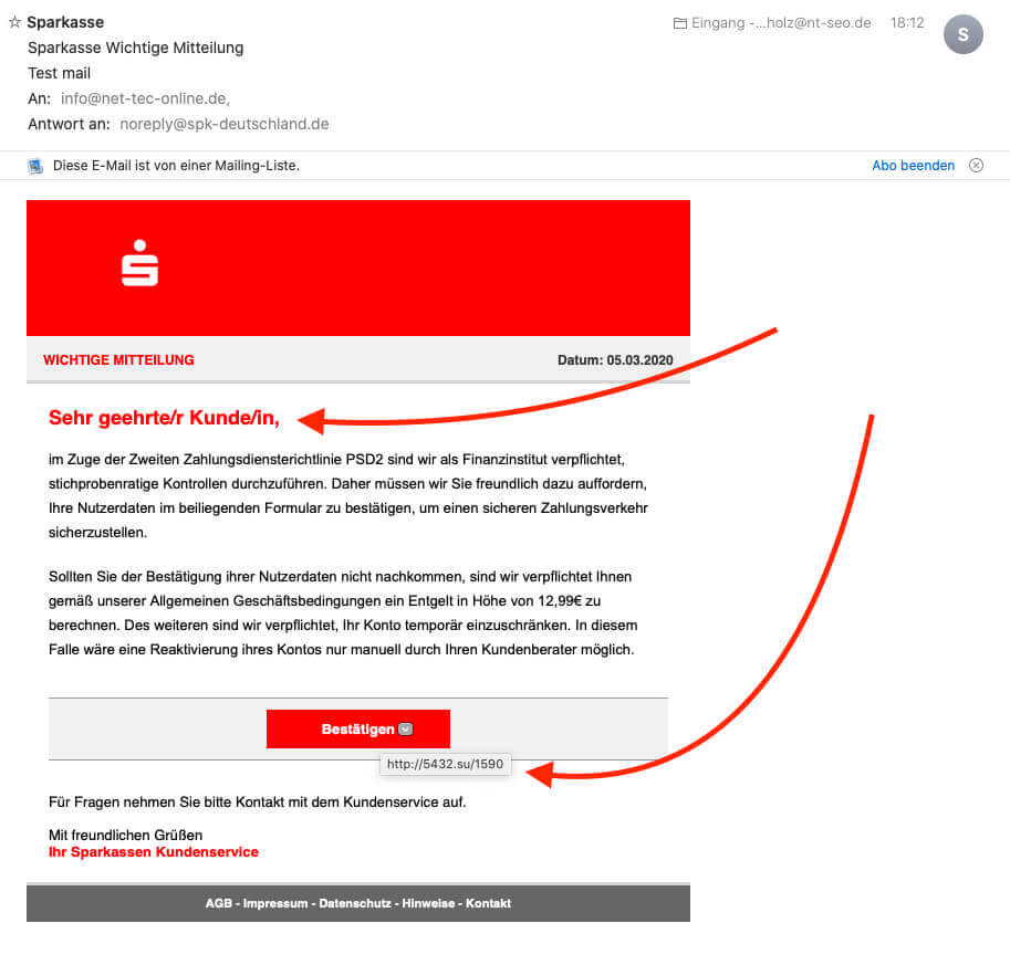 So sieht die Phishing E-Mail aus, die ich scheinbar von der Sparkasse erhalten habe (Screenshot: Sir Apfelot).