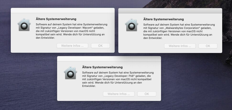 Diese Warnfenster kamen bei mir erst nach dem Neustart mit macOS 10.15.4. Die entsprechenden Systemerweiterungen gehören zu Software, die ich allerdings schon ewig nicht mehr verwende, von daher ist es kein Problem, wenn ich sie mal entferne.