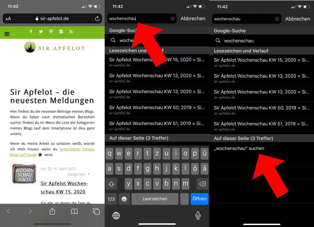 Webseite aufrufen, Suchbegriff in die Adressleiste eingeben, "Auf dieser Seite ..." wählen (dafür ggf. die Liste nach oben wischen).