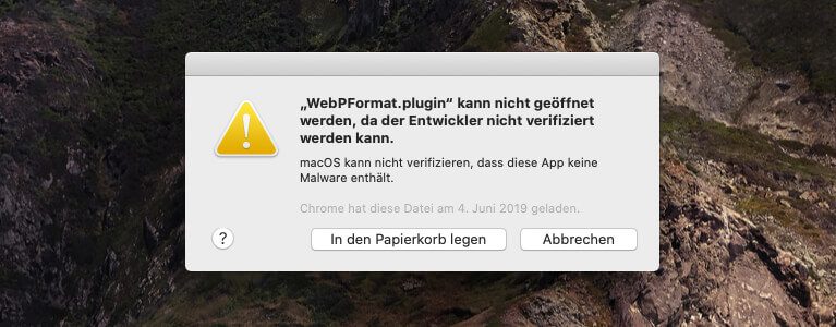 Mein WebP Plugin für Photoshop wird von den Sicherheitsmechanismen von macOS Catalina ausgebremst.