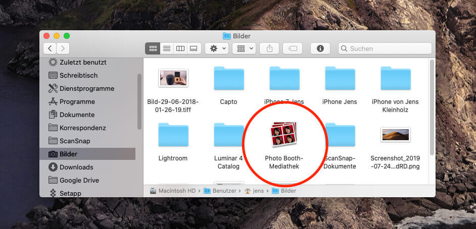 The Photo Booth media library can be found on the Mac in the "Pictures" folder of the relevant user.