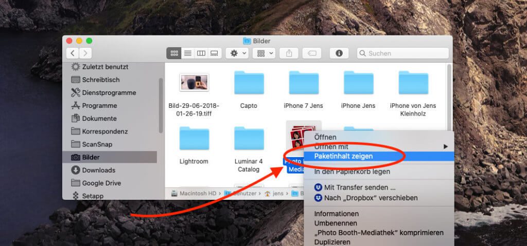 Den Inhalt der Mediathek-Datei kann man über das Kontextmenü "Paketinhalt zeigen" aufrufen.