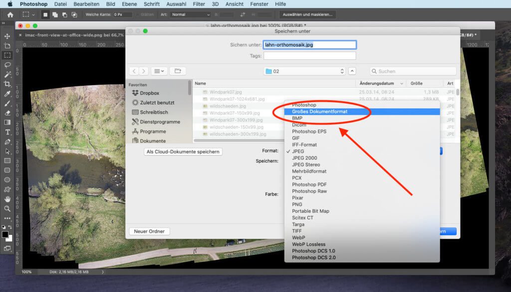 Über Datei > Speichern unter > Großes Dokumentenformat lassen sich in Photoshop auch Dateien im PSB-Format sichern, die man im PSD-Format nicht speichern kann.
