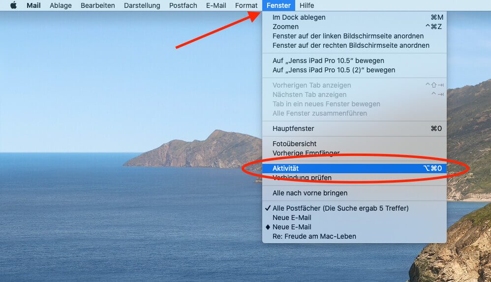 Mit was Apple Mail gerade beschäftigt ist, lässt sich über den Menüpunkt "Aktivität" herausfinden.
