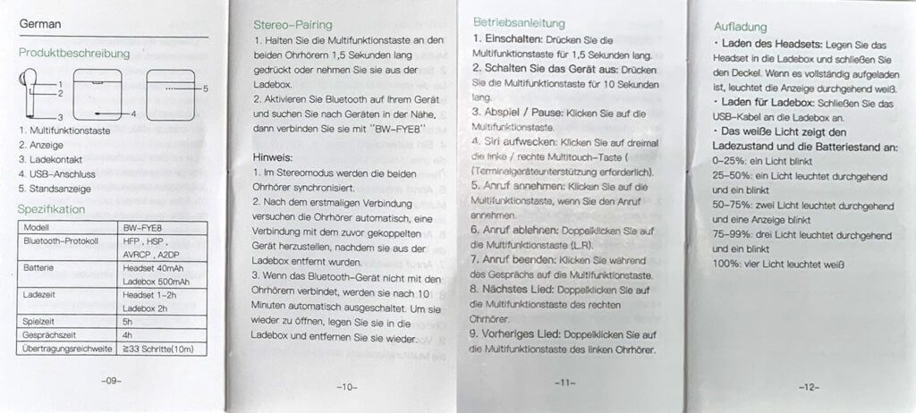 BlitzWolf BW-FYE8 True Wireless Headphones: Operating instructions in German for pairing, key assignment and the like.