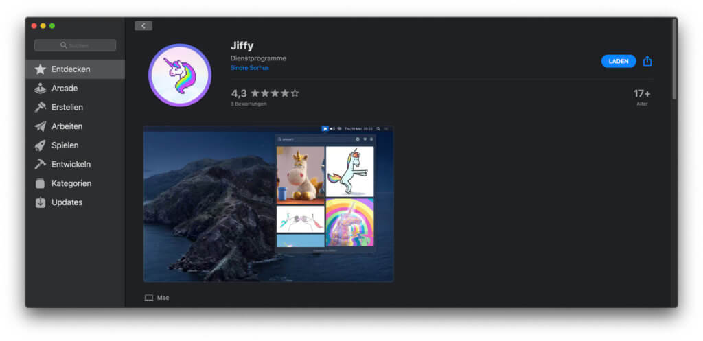 You can get the Jiffy Mac Tool in the Apple App Store. With the extension for the macOS menu bar you can quickly search for and find GIFs. The selected GIF can then be used via drag-and-drop or URL and saved locally.