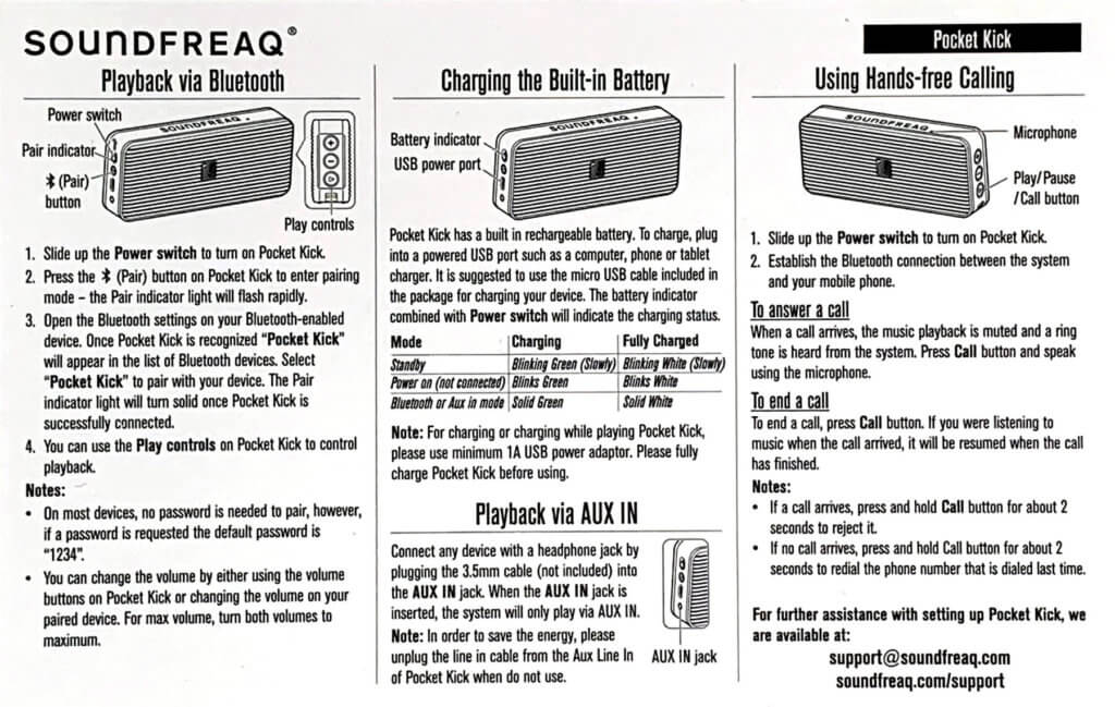 The operating instructions for the Pocket Kick Bluetooth speaker from Soundfreaq - here as a photo.