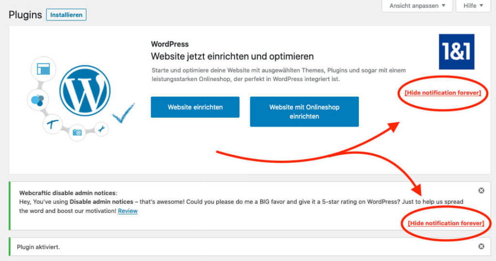 Das Plugin erlaubt das Ausblenden von allen möglichen Hinweis-Boxen im WordPress-Admin.