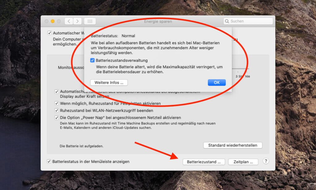 Neu in macOS 10.15.5: Die automatische Optimierung des Ladens, um die Akkugesundheit zu verbessern.