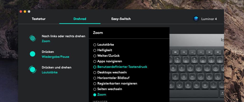 El software de Logitech ofrece numerosas opciones de asignación para cada botón y botón giratorio.