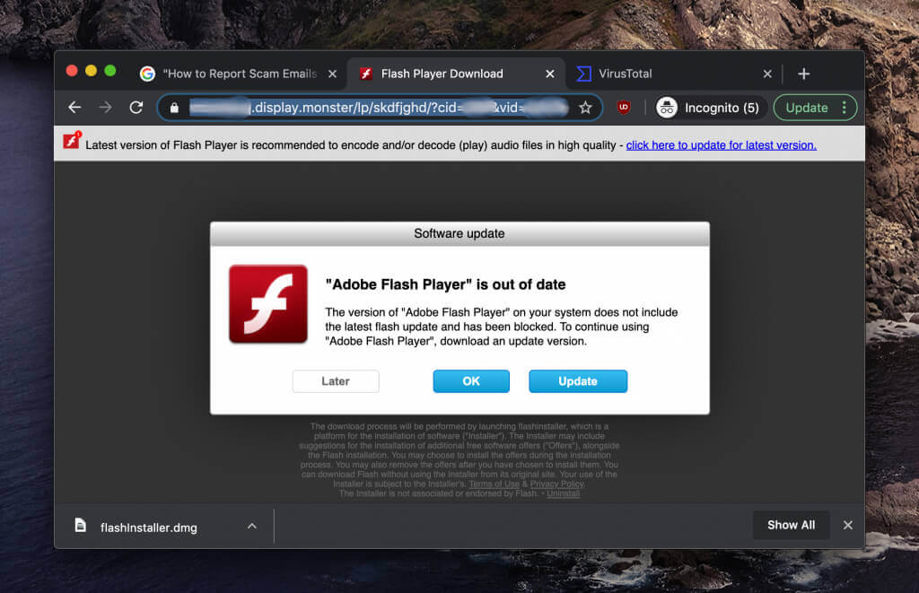 The user is persuaded to download the malware himself with a message that his Flash player is out of date.