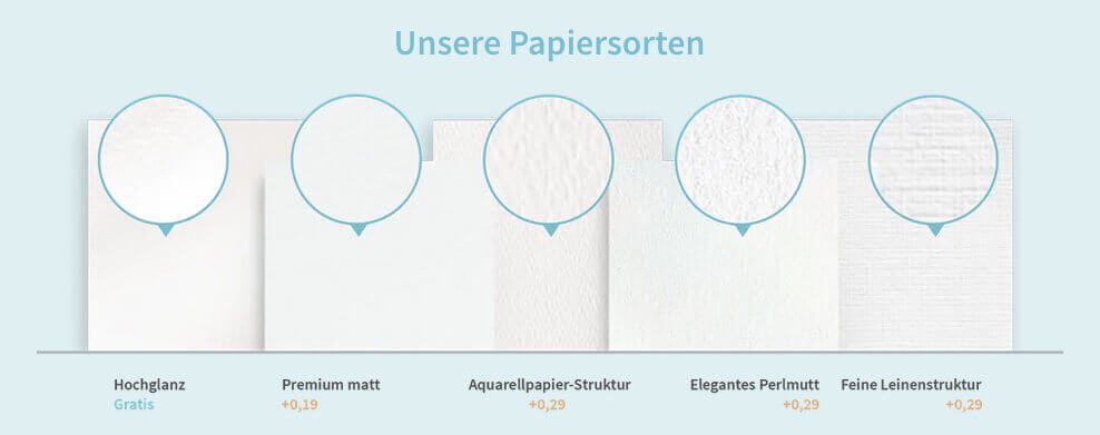 Bei der Gestaltung der Postkarte kann man aus fünf verschiedenen Papiersorten wählen, die teilweise für einen kleinen Aufpreis zu haben sind.