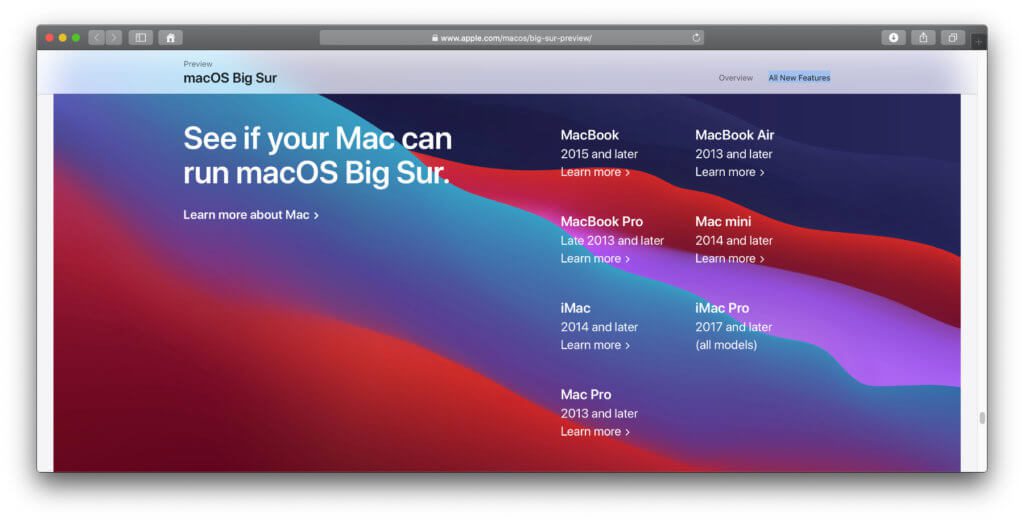 Die offizielle Kompatibilitätsliste der Macs als Screenshot von der Apple-Webseite.