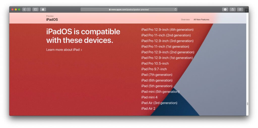 List of Apple iPad models compatible with iPadOS 14. Screenshot from the official preview page.