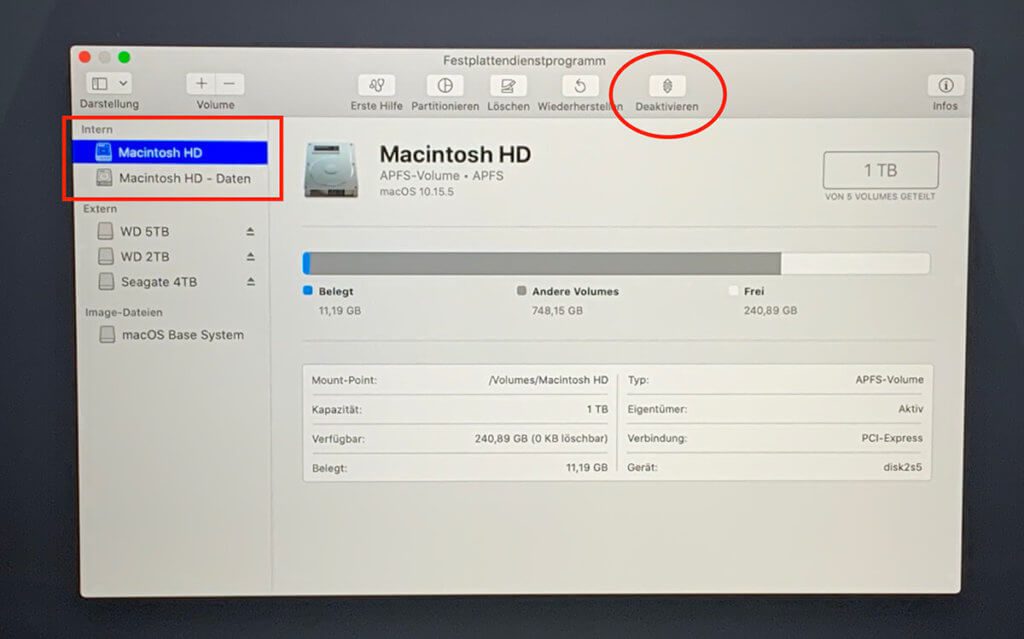 Disk Utility will verify that the Macintosh HD is activated. If this is the case, there is the "Deactivate" button at the top right. Otherwise "Activate" would be written there.