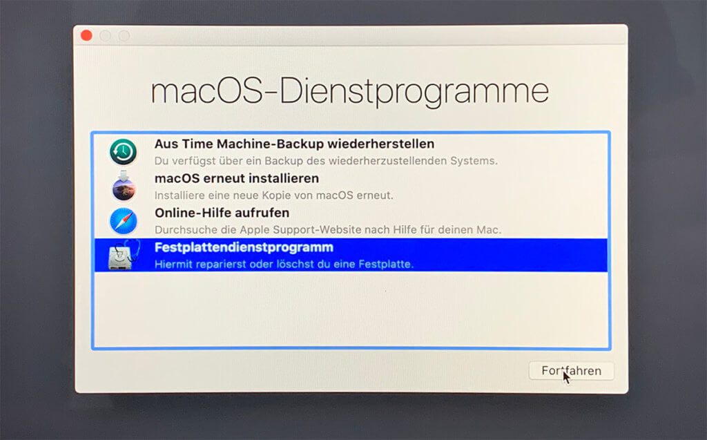 In the macOS utilities, select the hard disk utility to check whether the hard disks are mounted or activated.