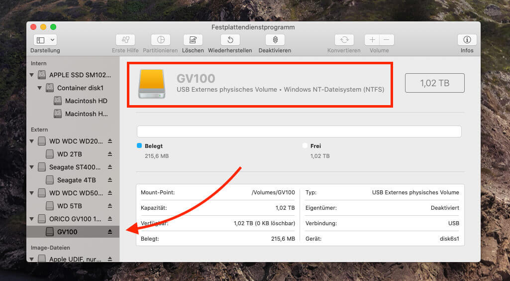 Dass die Orico SSD auf NTFS formatiert ist, zeigt, dass sie als Zielgruppe eher Windows-Anwender anvisiert.