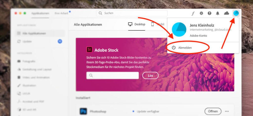 You can change the Adobe ID using the logout button in the Creative Cloud app.