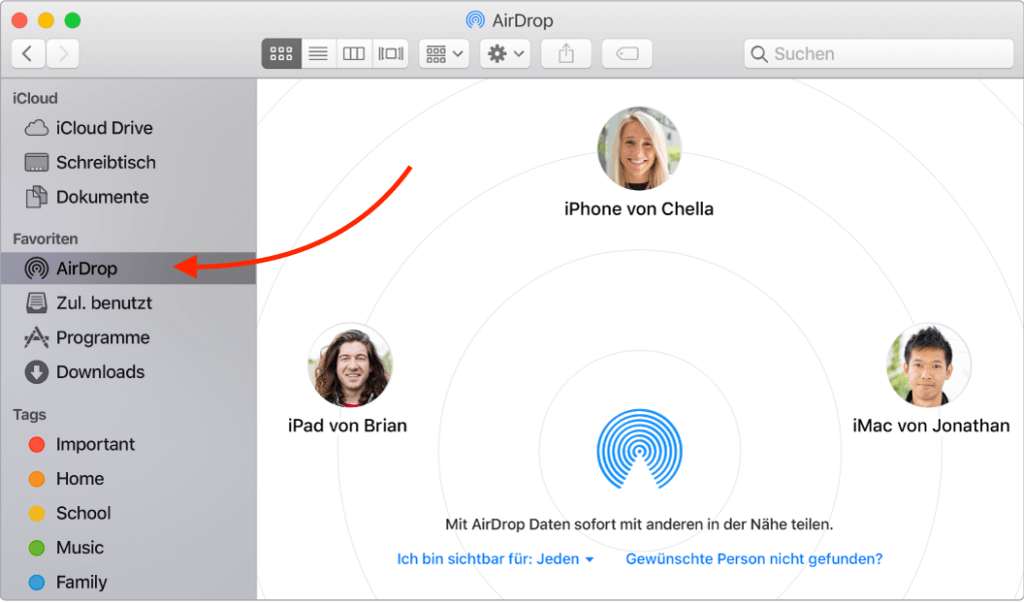 Um AirDrop am Mac zu nutzen, muss man im Finder-Fenster unter Favoriten auf den AirDrop Button klicken.