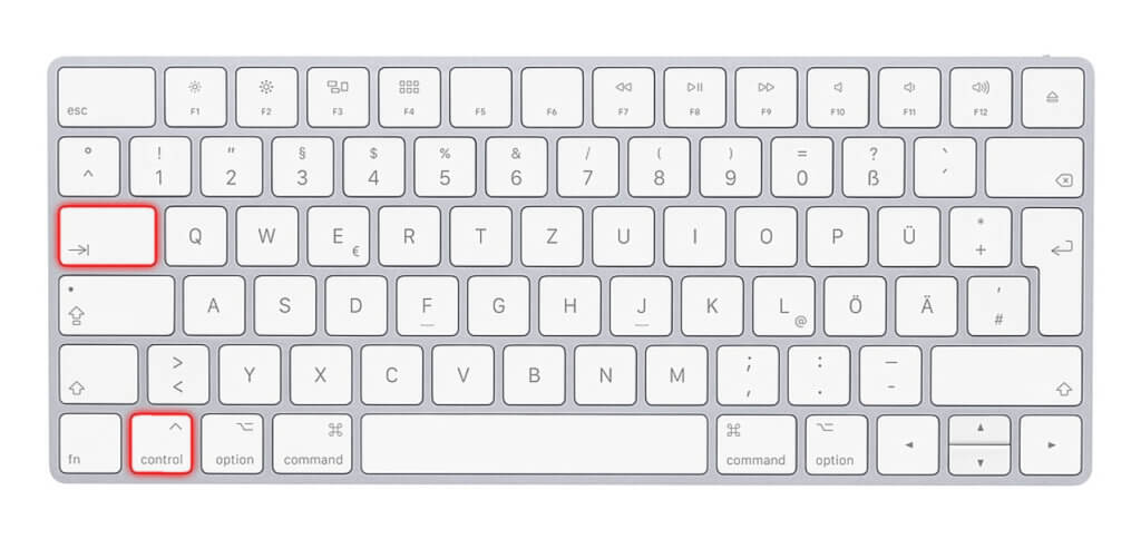 In an app under macOS, you can switch tabs using a key combination: from left to right this works with ctrl + tabulator.
