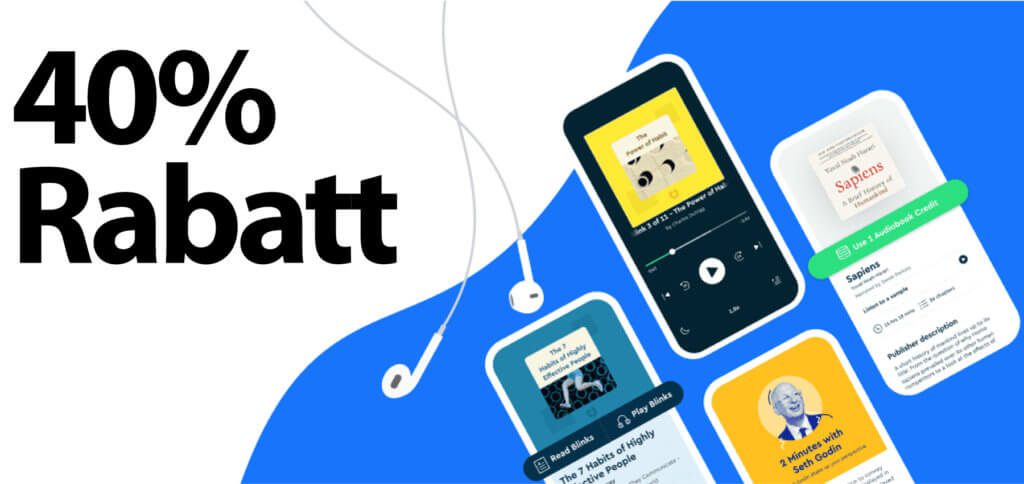 Mit dem aktuellen Deal bekommt ihr 40% Rabatt bei Blinkist. So erhaltet ihr das Abo für Buchzusammenfassungen bis Ende September 2020 günstiger: 3.500+ Sachbücher in 15 Minuten erfassen für nur 3,99€ im Monat.