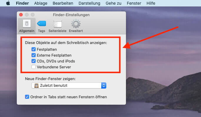 In den Einstellungen des Finders läßt sich festlegen, ob Festplatten wie die Macintosh HD auf dem Schreibtsich eingeblendet werden sollen oder nicht.