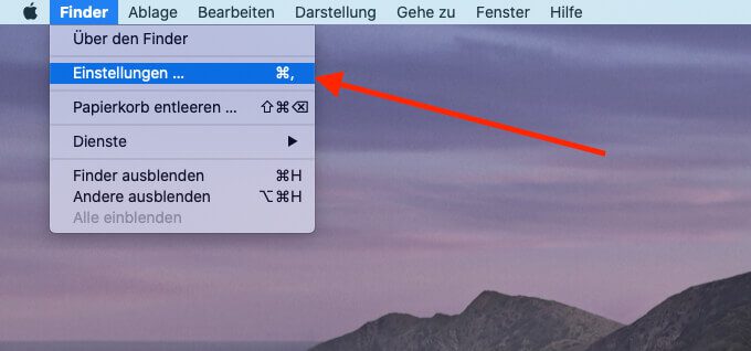 Im Menü "Finder" findet man den Punkt "Einstellungen", den man wählen sollte.