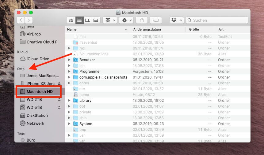 In der Seitenleiste des Finder-Fensters findet man ebenfalls die Macintosh HD.