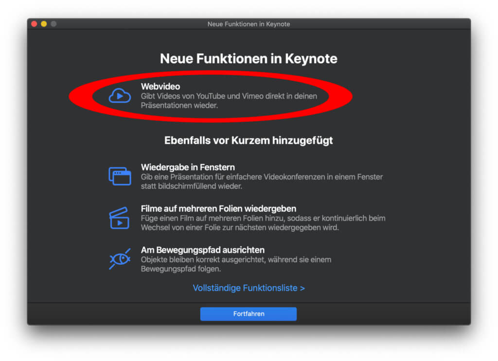 Web-Videos von YouTube und Vimeo können endlich auch in einer Keynote-Präsentation wiedergegeben werden – nicht nur in Pages oder Numbers :D