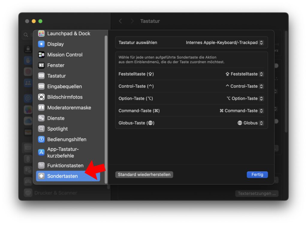 Screenshot der Sondertasten-Optionen unter macOS 15 Sequoia.