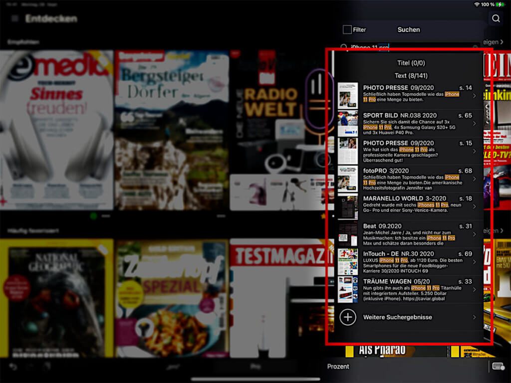 Über die Readly-Suche lassen sich Informationen zu bestimmten Produkten oder Themen deutlich leichter finden, als wenn man in einem Stapel Print-Magazinen rumwühlt.